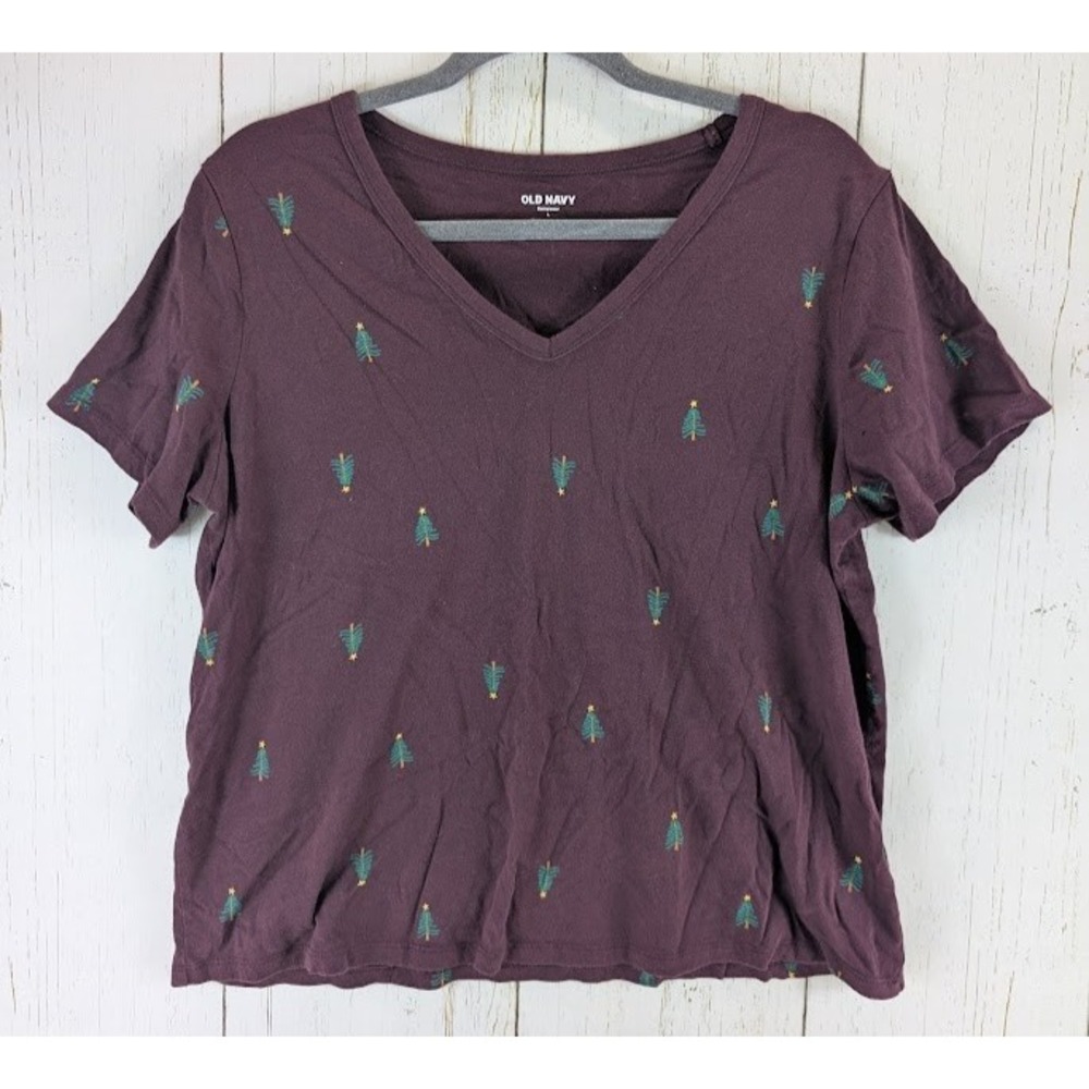 Old Navy Size Large Everywear Maroon Christmas Tree Print Short Sleeve Top